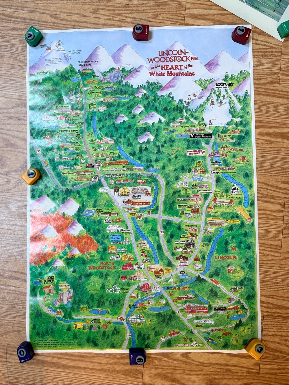Vintage Lincoln-Woodstock white mountains NH Illustrated Map Print 1985